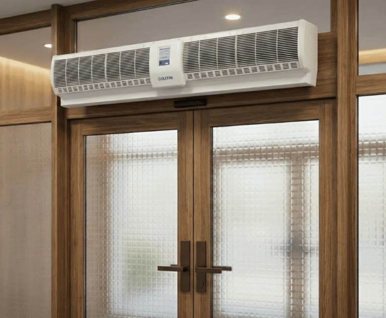 Ahşap çift kanatlı kapı üzerinde Olefini hava perdesi